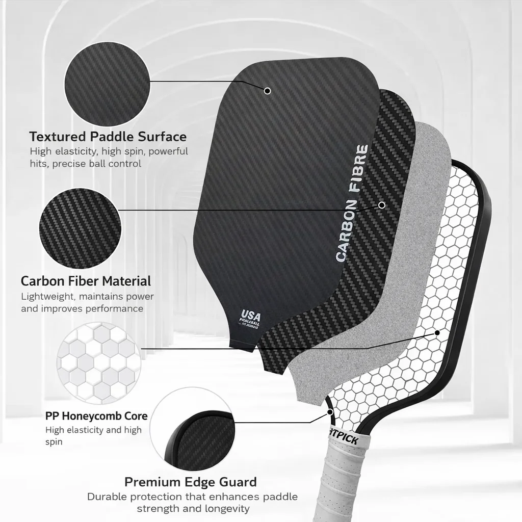 custom-logo-3k-carbon-fiber-pickleball-paddles-oem Customized 3K carbon fiber pickleball paddles with different edge guard colors and brand logos, demonstrating GloryPaddle's OEM manufacturing capabilities.