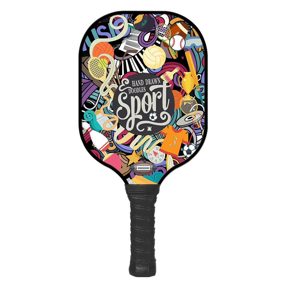 A professional fiberglass pickleball paddle featuring a vibrant custom graphic surface and ergonomic grip, manufactured by GloryPaddle.