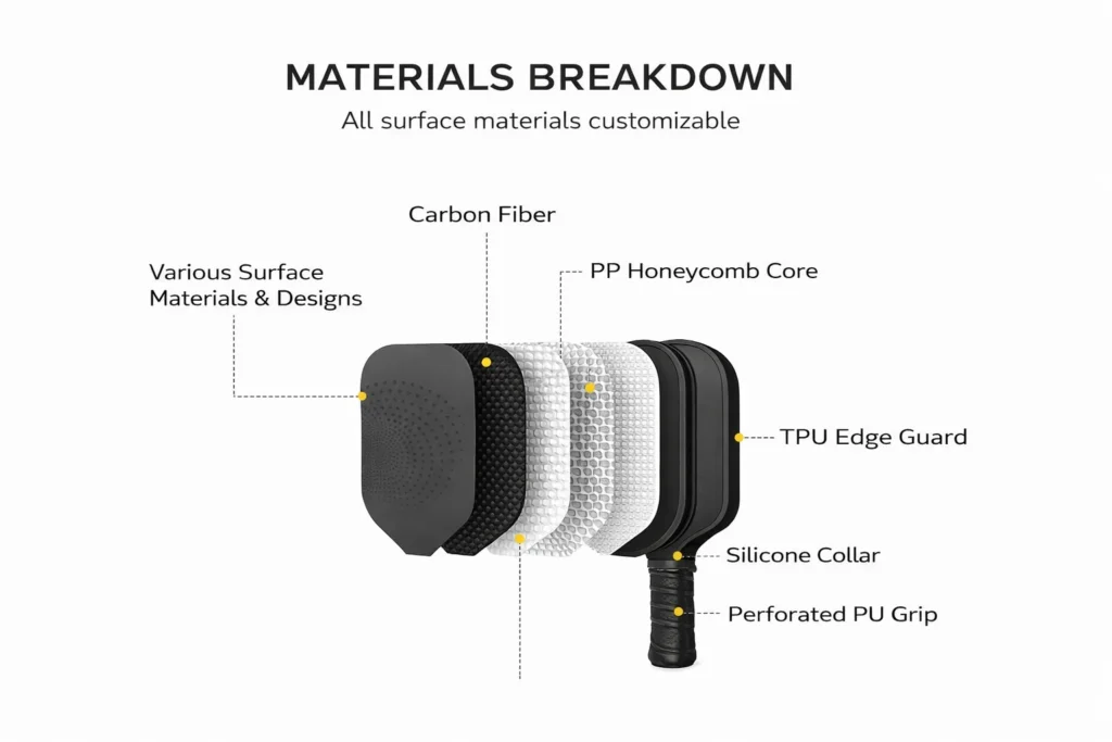 Pickleball paddle customization map: T700/3K/12K/18K carbon fiber surfaces and hybrid core structure diagram.
