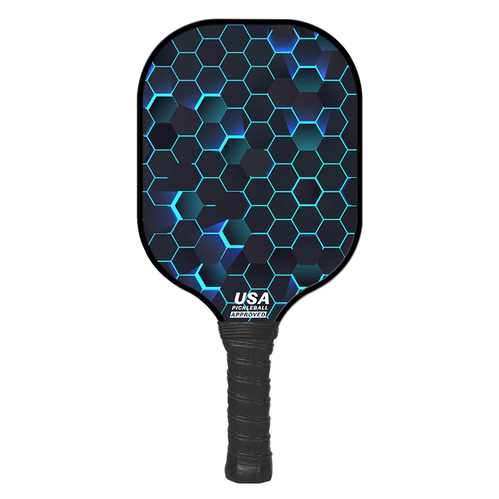 A collection of fiberglass pickleball paddles in different colors and patterns, demonstrating OEM customization capabilities for wholesale clients.