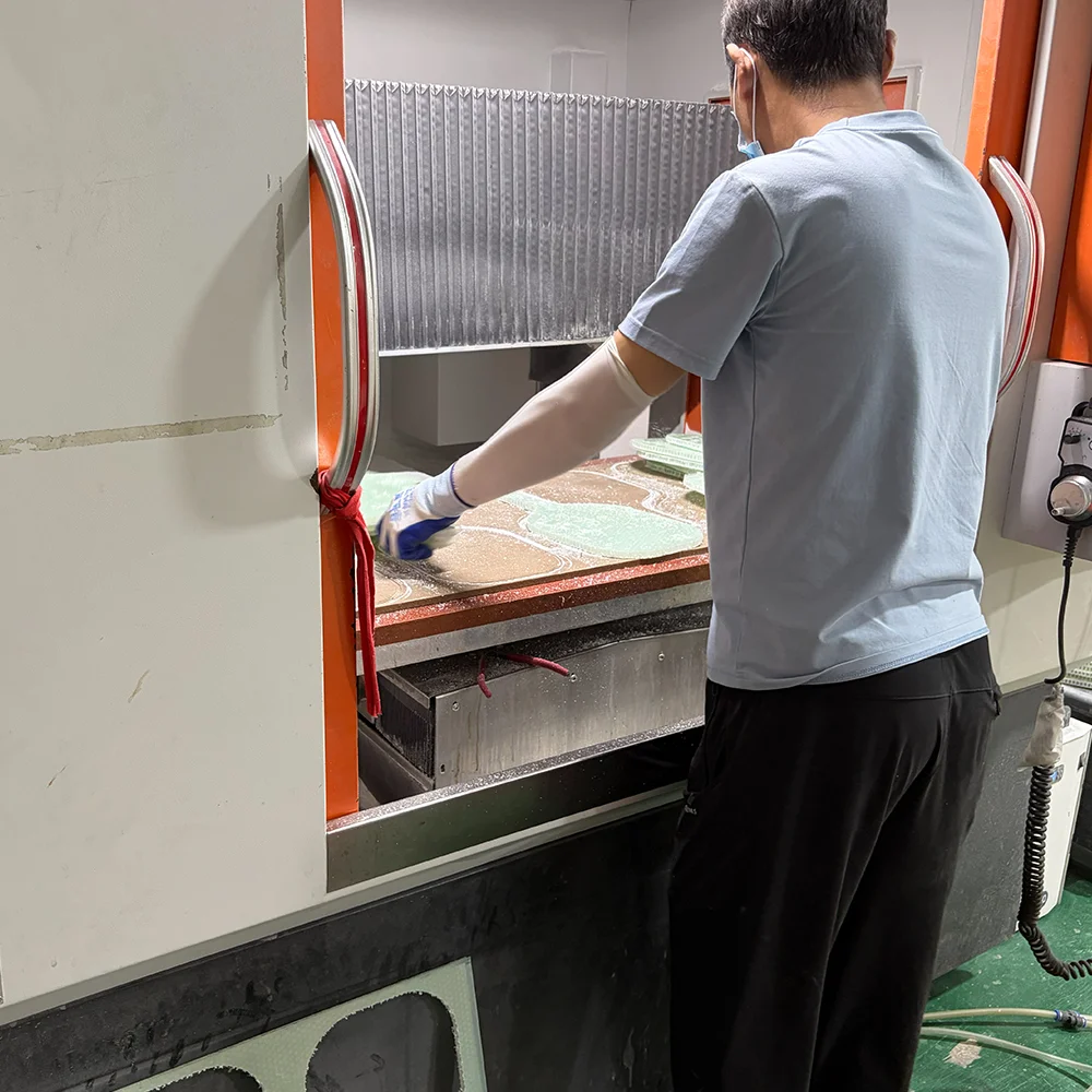 A skilled operator using precision machinery to cut PP honeycomb core into the exact pickleball paddle shape, ensuring consistent dimensions.