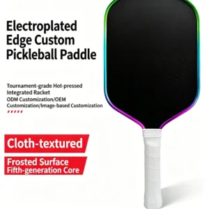 Close-up of a factory-customized electroplated chrome edge guard on a thermoformed carbon fiber pickleball paddle.