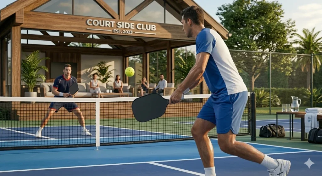 A premium set of carbon fiber pickleball paddles displayed on a wooden table inside a luxury court clubhouse.