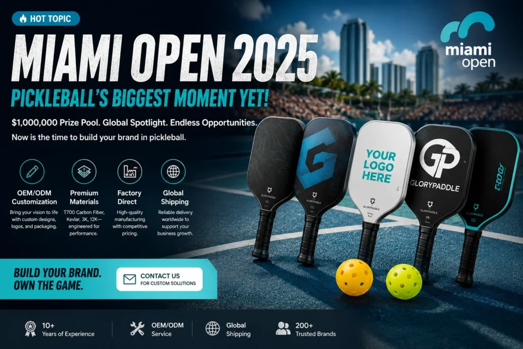 Promotional banner for Miami Open 2025 featuring custom pickleball paddles, highlighting OEM/ODM customization, premium materials, global shipping, and brand opportunities.
