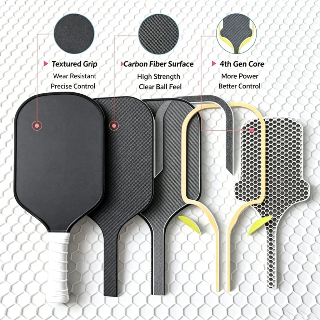 Gen 4 thermoformed pickleball paddle with premium carbon fiber surface.