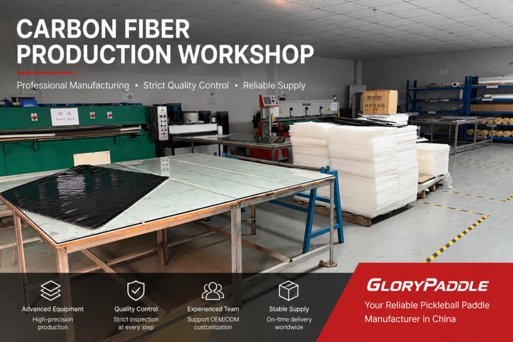 T700 carbon fiber pickleball paddle manufacturing workshop at GloryPaddle