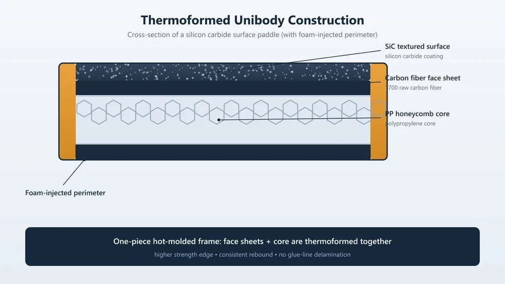 Thermoformed unibody construction diagram of a silicon carbide pickleball paddle